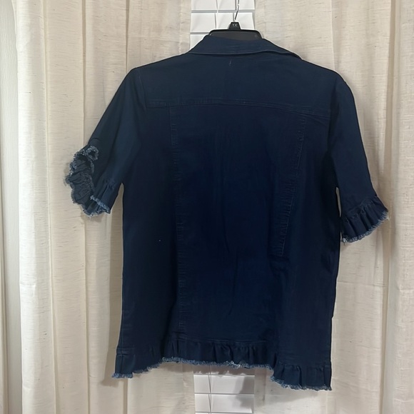 Reborn Dark Blue Denim Jacket with Ruffled Cap Sleeves & Hem Sz M - Picture 4 of 6